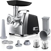 Bosch Fleischwolf ProPower MFW67440, elektrisch, Wurstaufsatz, 3 Edelstahl Loch-Scheiben (3, 4,8 +8mm), Stopfer, Kebbe-Aufsatz, Durchlaufschnitzler, 2000 W Blockierleistung, 700 W, schwarz / silber