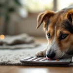 Hund schleckt entspannt an einer Leckmatte auf dem Wohnzimmerboden, weiches Tageslicht
