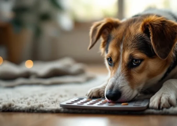 Hund schleckt entspannt an einer Leckmatte auf dem Wohnzimmerboden, weiches Tageslicht