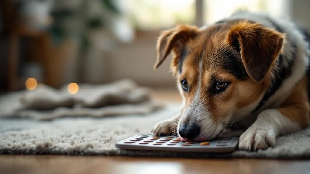Hund schleckt entspannt an einer Leckmatte auf dem Wohnzimmerboden, weiches Tageslicht