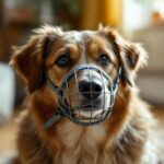 Hund mit Korb-Maulkorb in ruhiger Wohnzimmer-Atmosphäre