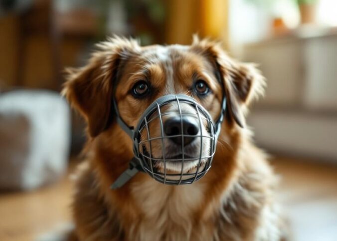 Hund mit Korb-Maulkorb in ruhiger Wohnzimmer-Atmosphäre