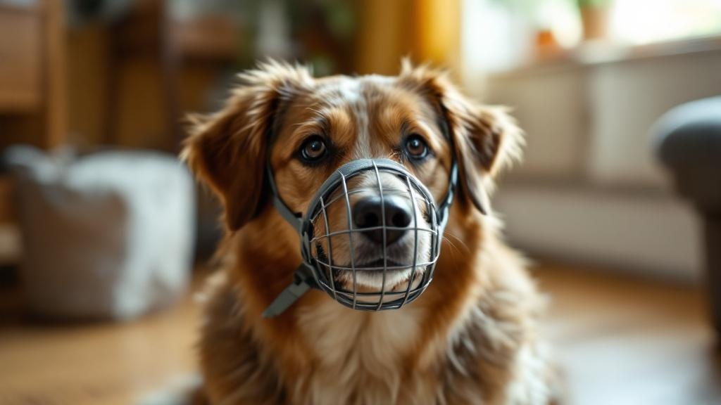 Hund mit Korb-Maulkorb in ruhiger Wohnzimmer-Atmosphäre