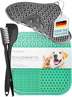 TIERFEIN – Schleckmatte Hund mit Saugnäpfen (2er Set, 20x20 cm) – Schleckmatte Katze zur Beruhigung & Förderung von langsamen Fressen – Leckmatte Hund inkl. Spatel & Bürste, BPA-frei